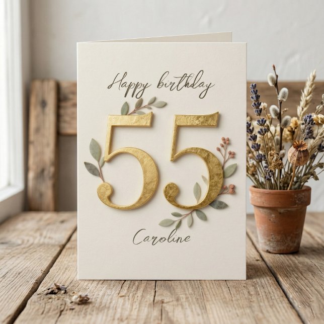Elegant Gold Numbers Botanical 55th Birthday Kort (Skapare uppladdad)
