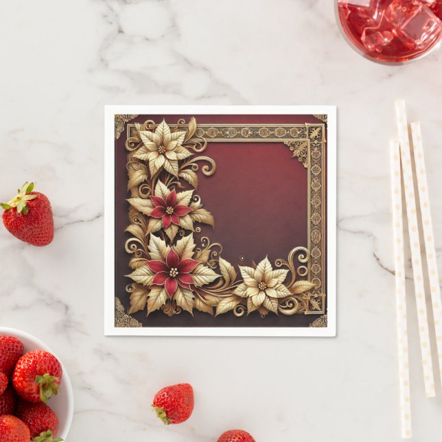 Elegant Gold on Red Poinsettia Frame Decoupage Pappersservett (Insitu)