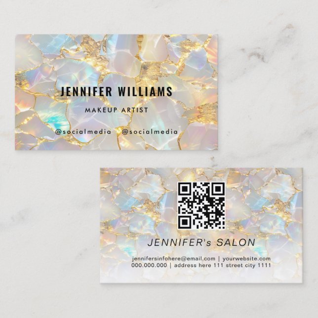 Elegant Gold Opal Stone QR Code Beauty Salon Visitkort (Fram/baksida)