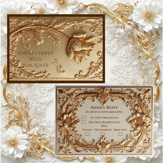 Elegant Gold Ornate Baroque Grandeur Floral Motifs OSA Kort (Elegant Gold Ornate Baroque Grandeur Floral Motifs RSVP Card)