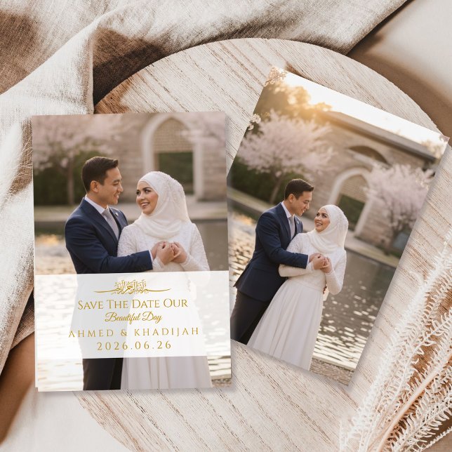 Elegant Gold Photo Save the Date Islamic Wedding  Spara Datumet (Skapare uppladdad)