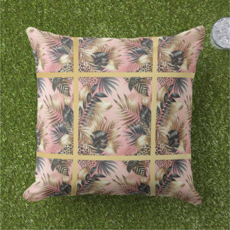 Elegant Gold, Pink and Black Jungle Leaf Pattern Kudde