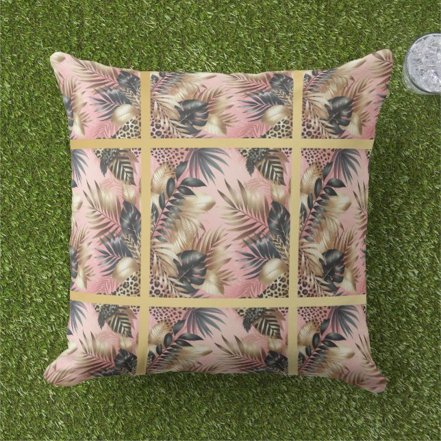 Elegant Gold, Pink and Black Jungle Leaf Pattern Kudde (Gräs)