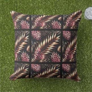 Elegant Gold, Pink and Black Jungle Leaf Pattern Kudde