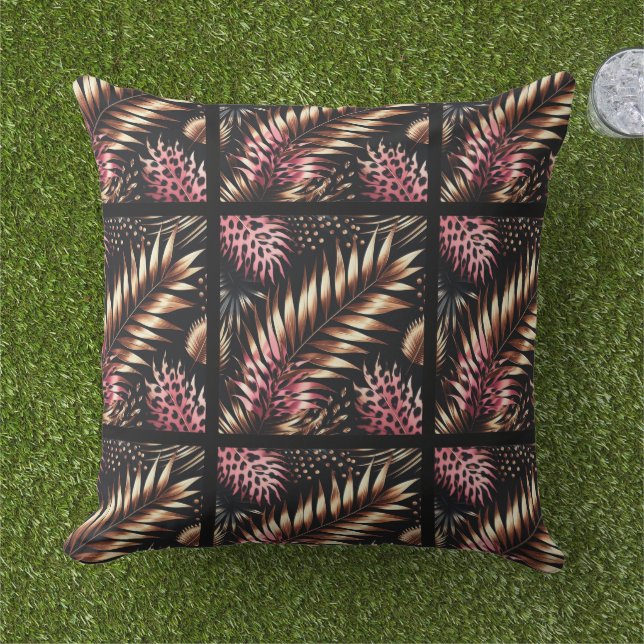 Elegant Gold, Pink and Black Jungle Leaf Pattern Kudde (Gräs)