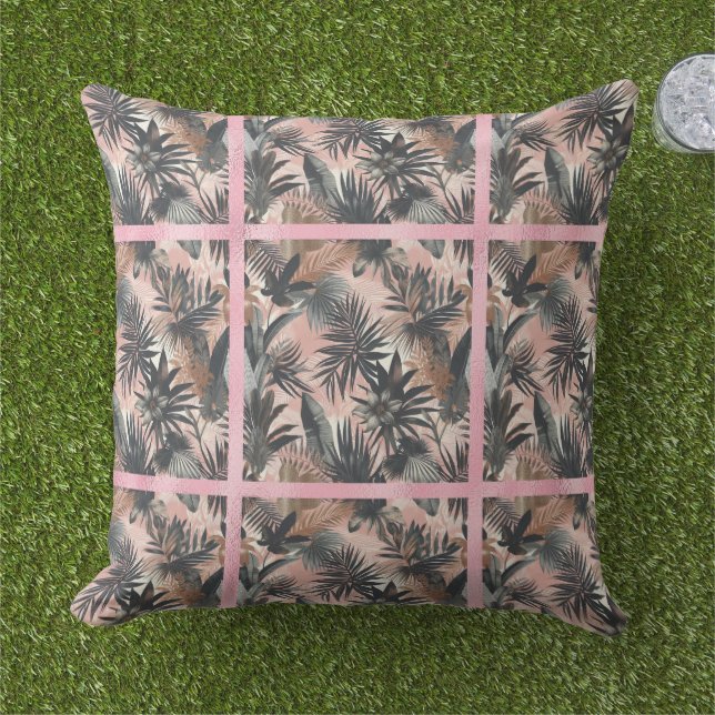 Elegant Gold, Pink and Black Jungle Leaf Pattern Kudde (Gräs)