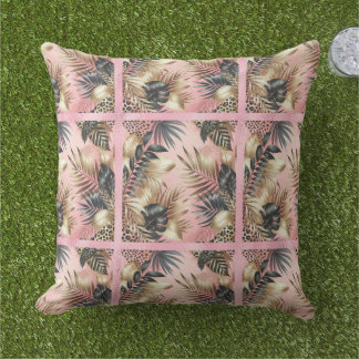 Elegant Gold, Pink and Black Jungle Leaf Pattern Kudde
