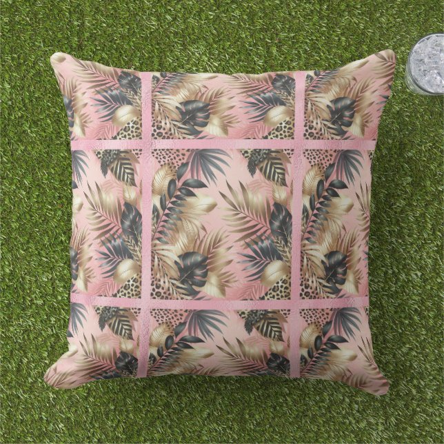 Elegant Gold, Pink and Black Jungle Leaf Pattern Kudde (Gräs)