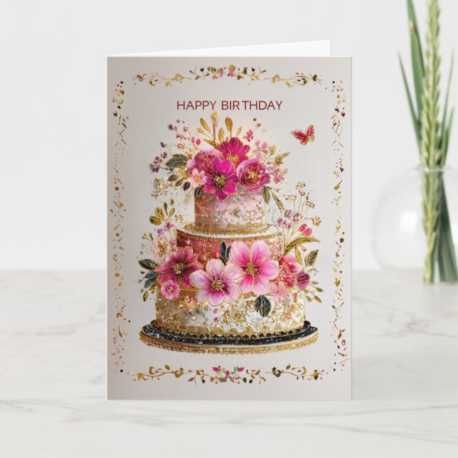 Elegant Gold & Pink Birthday Cake Card Kort (Framsida)