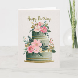 Elegant Gold, Pink & Green Floral Birthday Cake Kort