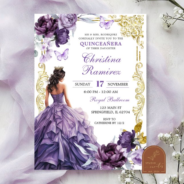 Elegant Gold Purple Princess Quinceanera Inbjudningar (Skapare uppladdad)