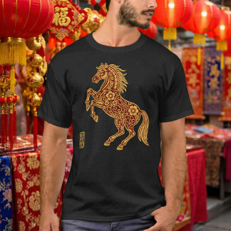 Elegant Gold Red Traditional Floral Horse T Shirt