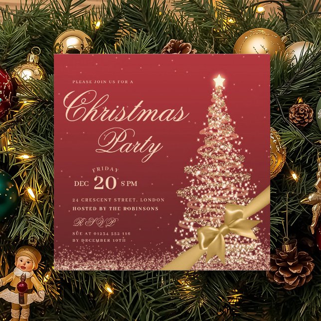 Elegant Gold Red Winter Christmas Tree Bow Party  Inbjudningar (Elegant Gold Red Winter Christmas Tree Bow Party Invitation)