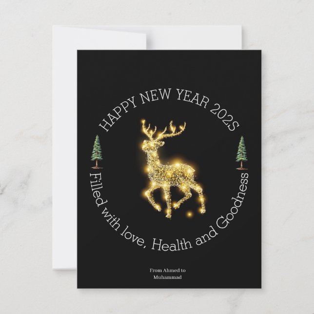 Elegant Gold Reindeer New Year Card – Luxury Black Julkort (Framsida)