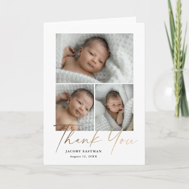 Elegant Gold Script 3 Foto Baby Tack Kort (Framsida)