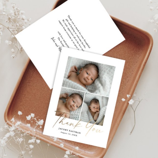 Elegant Gold Script 3 Foto Baby Tack Kort (Skapare uppladdad)
