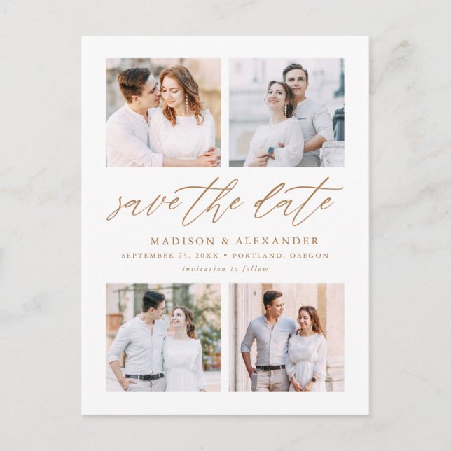 Elegant Gold Script 4 Foto Collage Spara Datum Meddelande Vykort (Framsida)
