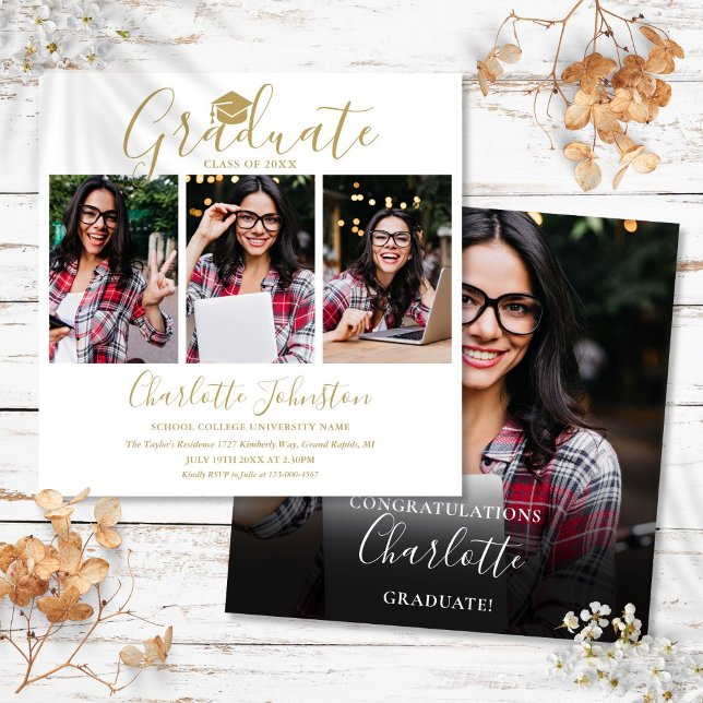 Elegant Gold Script 4 Foto Examenfest Inbjudningar (Elegant Gold Script 4 Photo Graduation Party Invitation)