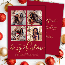 Elegant Gold Script 4 Photo Collage Red Christmas  Julkort