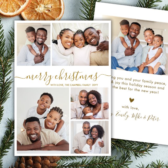 Elegant Gold Script 5 Photo Collage Christmas Julkort (Skapare uppladdad)