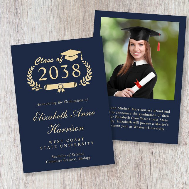 Elegant Gold Script Blue Photo College Graduation Meddelande (Elegant Gold Script Blue Photo College Graduation Announcement)