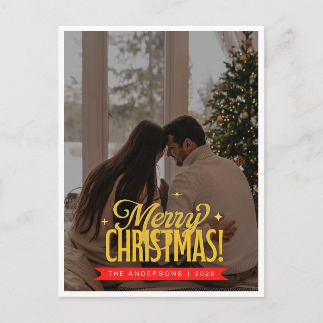 Elegant Gold Script Full Photo Merry Christmas Helg Vykort (Framsida)