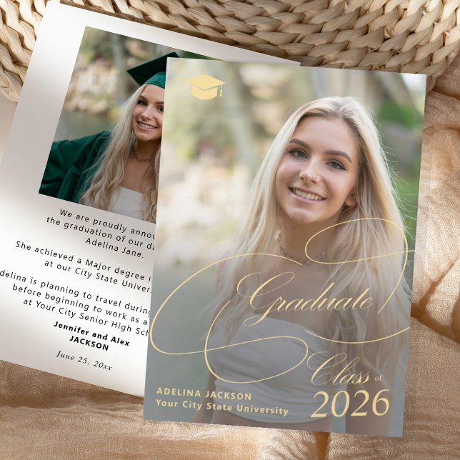 Elegant gold script graduate photo graduation meddelande (Skapare uppladdad)
