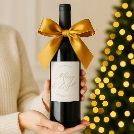 Elegant Gold Script “Merry & Bright” Christmas Vinflaska Etikett