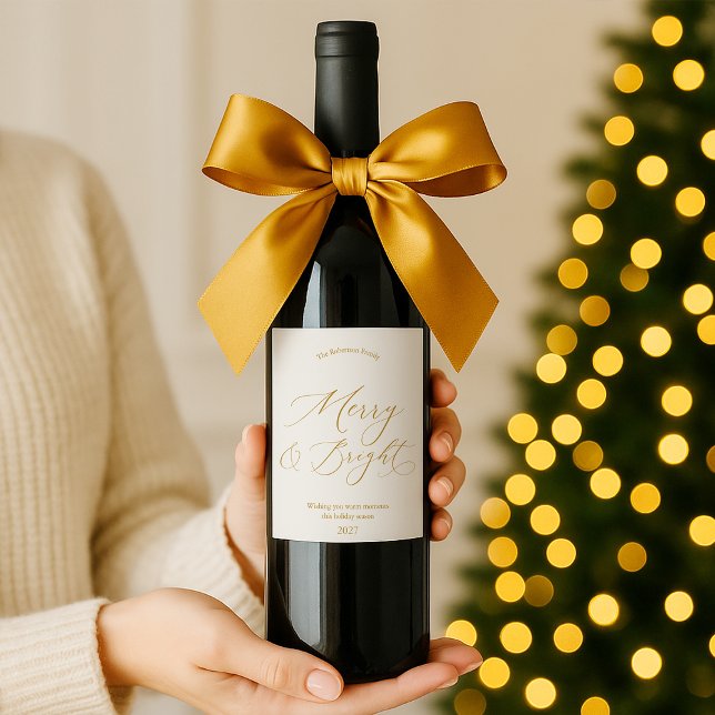 Elegant Gold Script “Merry & Bright” Christmas Vinflaska Etikett (Skapare uppladdad)