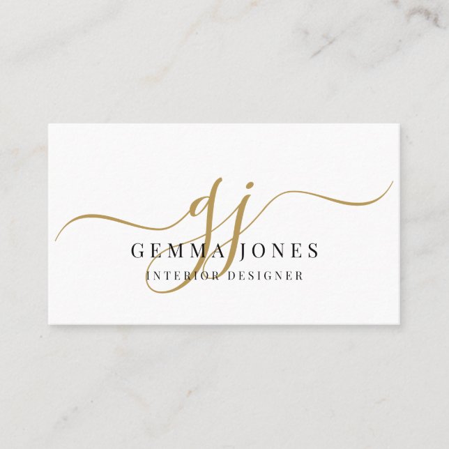 Elegant Gold Script Monogram Interior Designer Visitkort (Framsida)