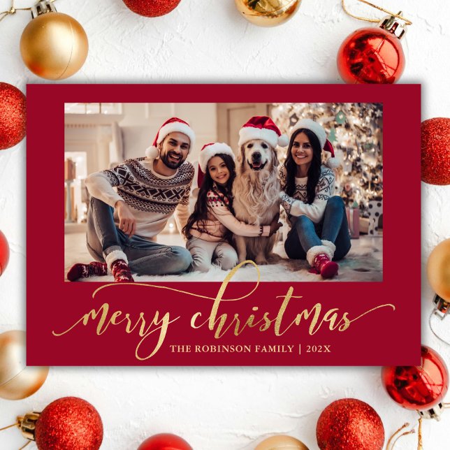 Elegant Gold Script One Photo Red Christmas  Julkort (Skapare uppladdad)