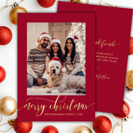 Elegant Gold Script One Photo Red Christmas  Julkort