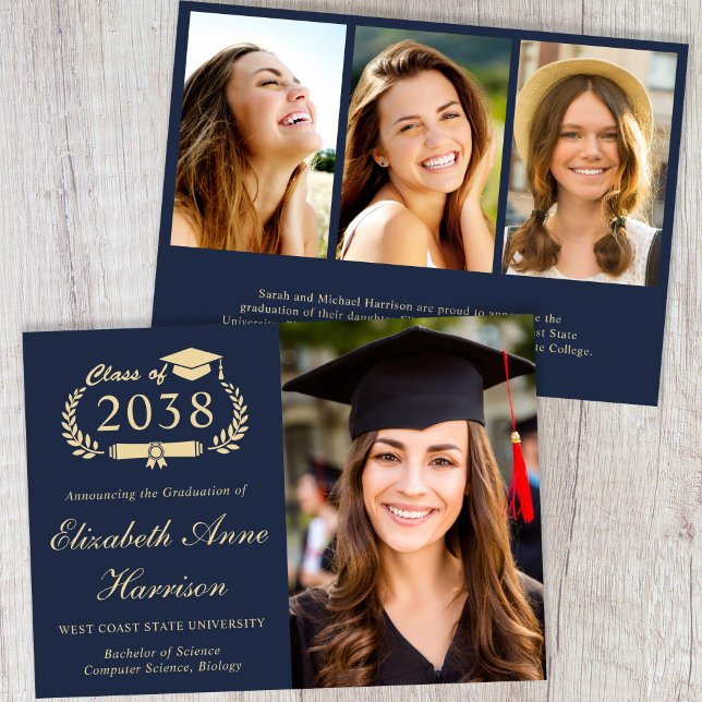 Elegant Gold Script Photo Blue College Graduation Meddelande (Elegant Gold Script Photo Blue College Graduation Announcement)
