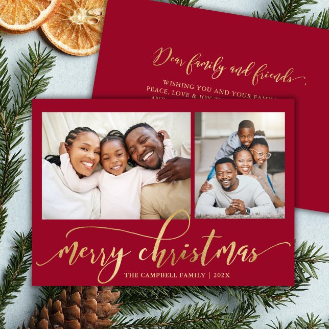 Elegant Gold Script Red 2 Photo Collage Christmas Julkort (Skapare uppladdad)