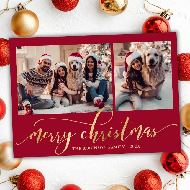 Elegant Gold Script Red 2 Photo Collage Christmas Julkort (Skapare uppladdad)