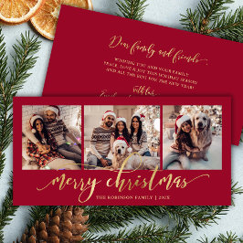 Elegant Gold Script Red 3 Photo Collage Christmas Julkort