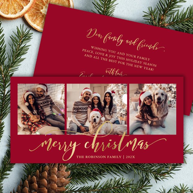 Elegant Gold Script Red 3 Photo Collage Christmas Julkort (Skapare uppladdad)
