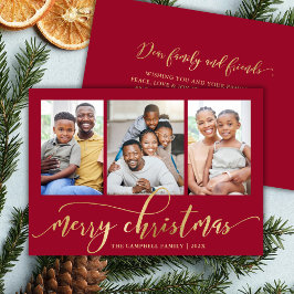 Elegant Gold Script Red 3 Photo Collage Christmas Julkort