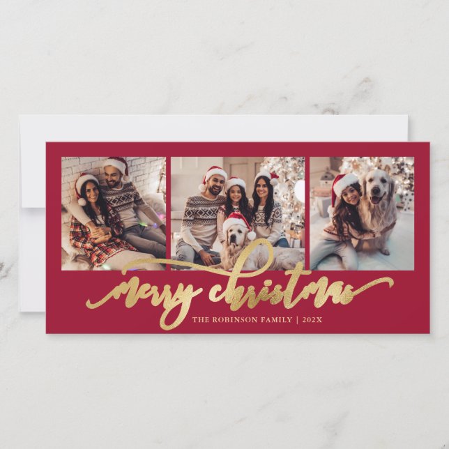 Elegant Gold Script Red 3 Photo Collage Christmas Julkort (Framsida)