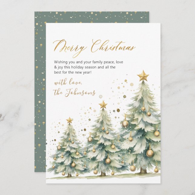 Elegant Gold Script Watercolor Christmas Tree  Julkort (Fram/baksida)