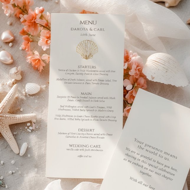 Elegant Gold Seashell Creamy Double Side Wedding  Meny (Elegant Gold Seashell Creamy Double Side Wedding Menu)