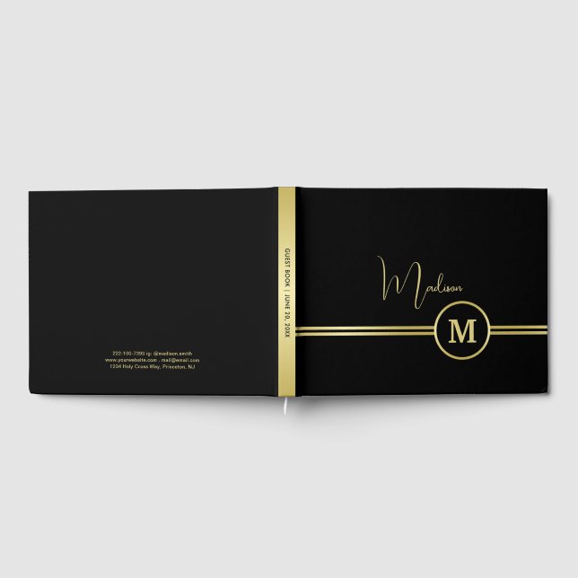Elegant Gold Signature Monogram on Black Gästböcker (Full)