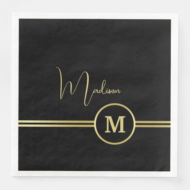 Elegant Gold Signature Monogram on Black Pappersservett (Framsida)