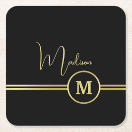 Elegant Gold Signature Monogram on Black Underlägg Papper Kvadrat