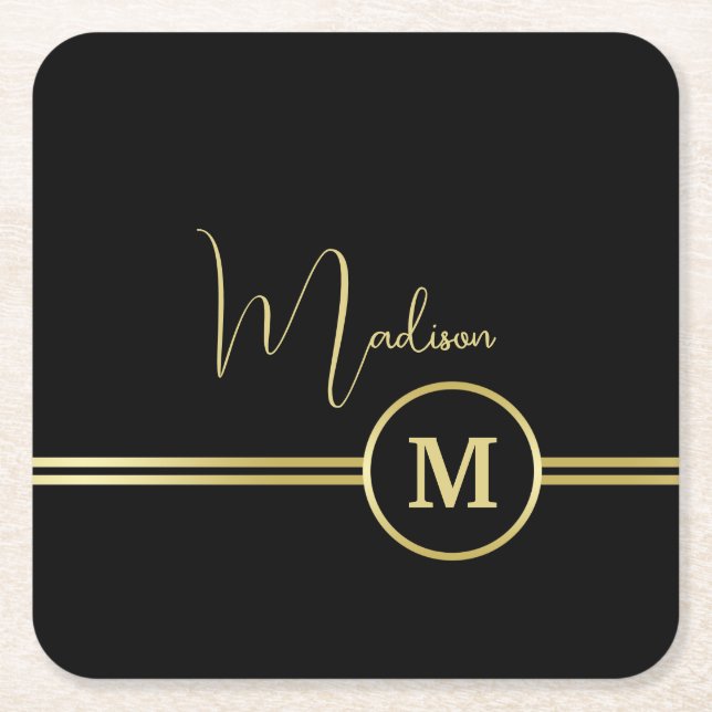 Elegant Gold Signature Monogram on Black Underlägg Papper Kvadrat (Framsidan)