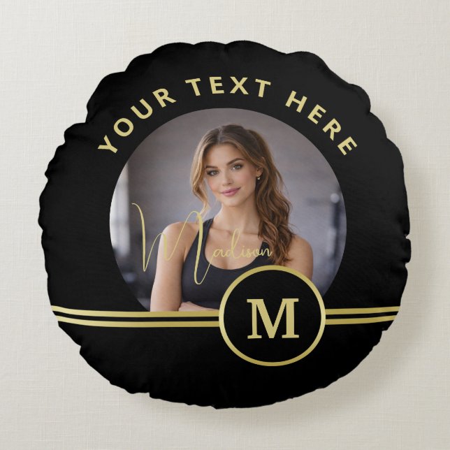 Elegant Gold Signature Monogram with Photo Rund Kudde (Framsidan)