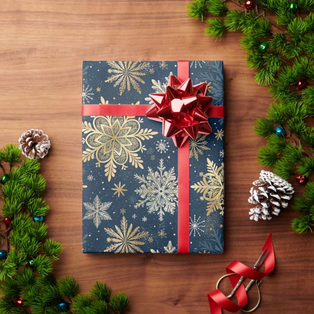 Elegant Gold Snowflakes Winter Blue Christmas Presentpapper (Julgåva)
