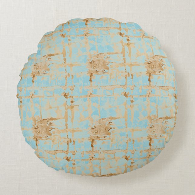 Elegant, Gold Soft Blue Checkered Abstract Pattern Rund Kudde (Framsidan)