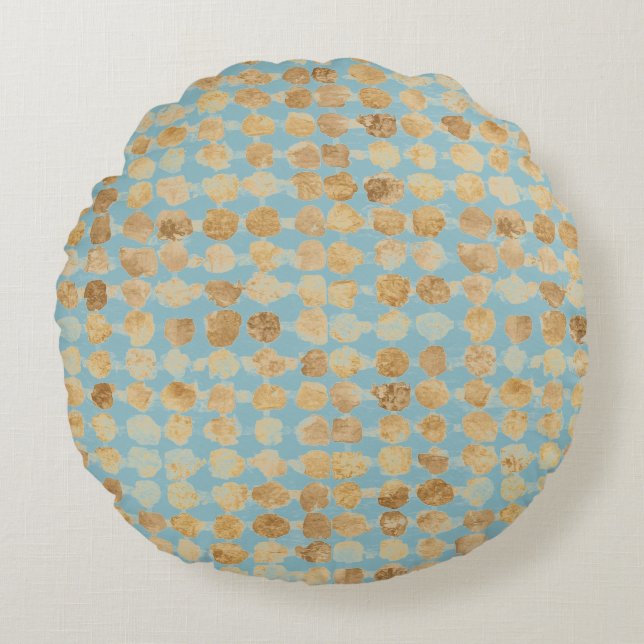 Elegant, Gold Soft Blue Polkadot Pattern Rund Kudde (Framsidan)