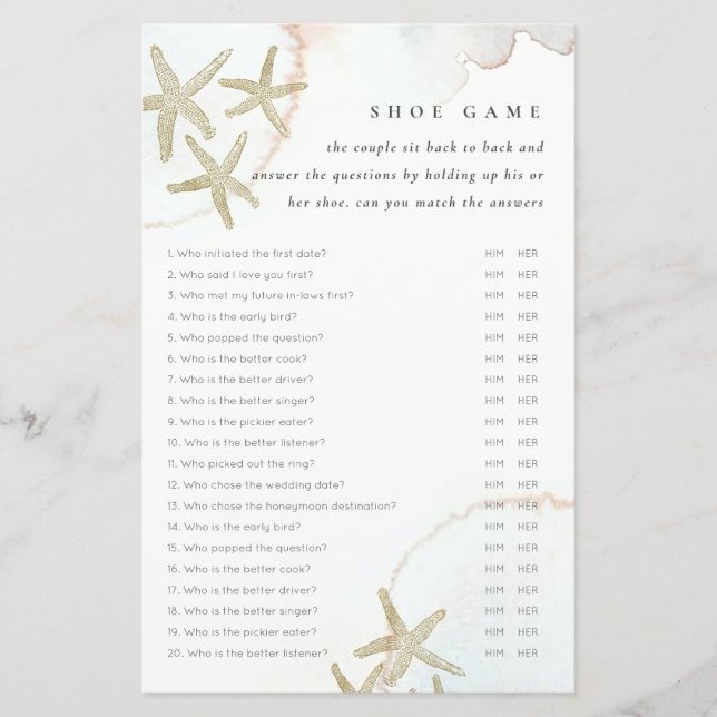 Elegant Gold Starfish Shoe Game Bridal Shower Game (Framsida)